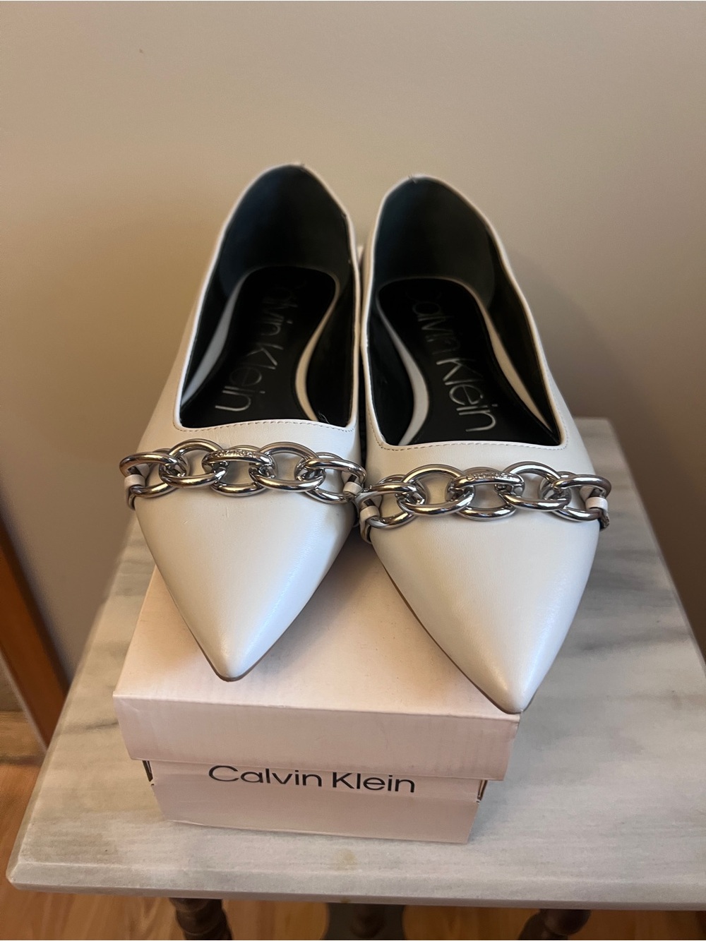 Calvin Klein Women's Ivory Pointed-Toe Flats with Chain Detail